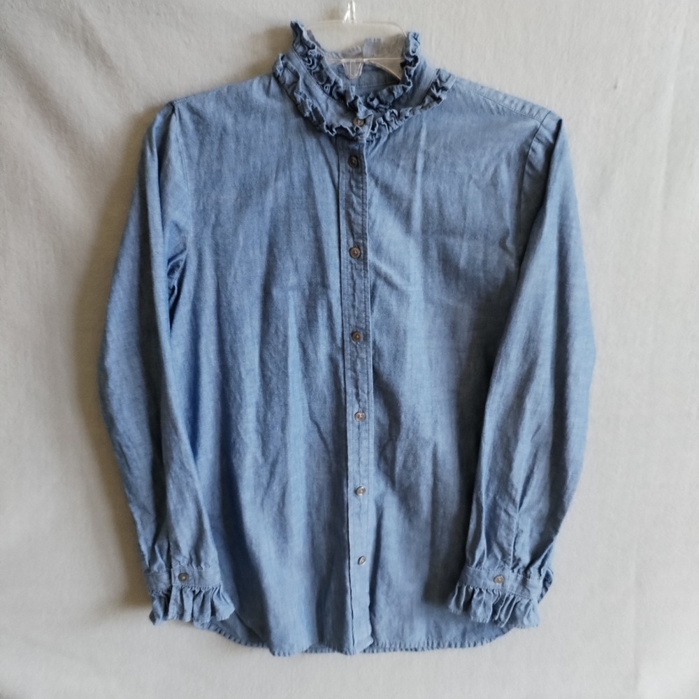 J. Crew Classic Womens Size 2 Shirt Denim Chambray Ruffle Collar Blue Femenine